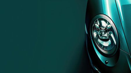 Close-up of a teal car's modern headlight design, showcasing intricate reflections and gleaming surfacesの素材