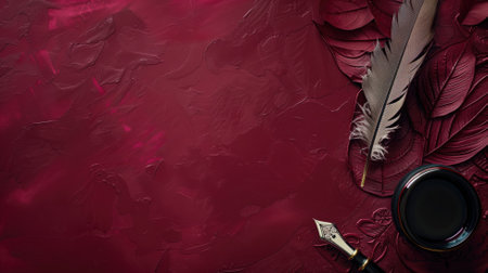 Elegant quill and inkwell on a richly textured red backgroundの素材