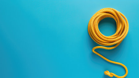 Bright yellow coiled rope on vivid blue, nautical or rescue conceptの素材