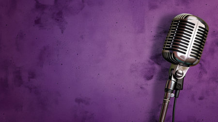 A classic microphone set against a textured purple wall for a retro feelの素材