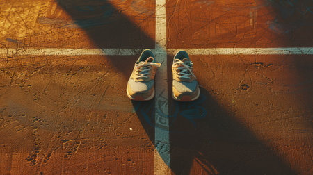 Basketball shoes resting on a vibrant court, basked in warm sunset light, evoking game spiritの素材