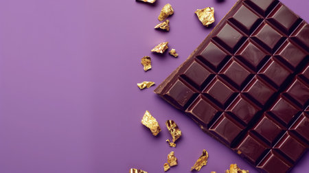 A decadent chocolate bar adorned with gold leaf pieces on a purple surface, conveying opulenceの素材