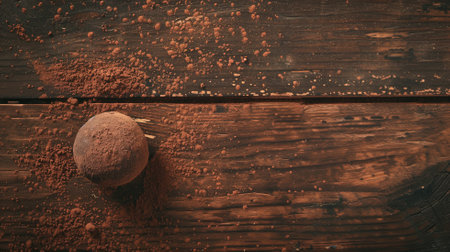Spherical cocoa powder mound on a rustic wooden backdrop, highlighting organic texturesの素材
