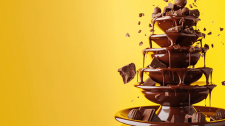 Luscious chocolate fountain with pieces mid-air on yellow backdropの素材
