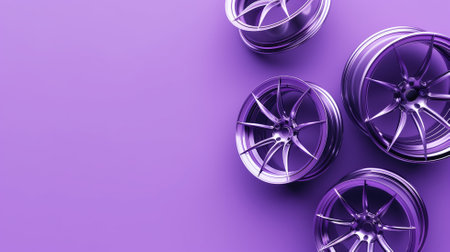 Four high-gloss metal car rims on a vibrant purple backdropの素材