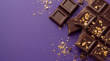 Dark chocolate bar sprinkled with gold leaf on a deep purple surfaceの素材
