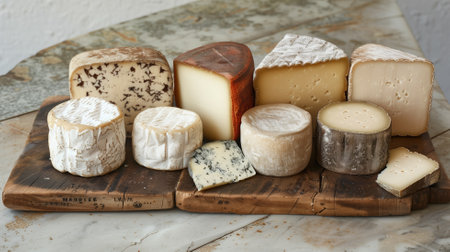 Selection of artisanal cheeses on rustic wooden boardの素材