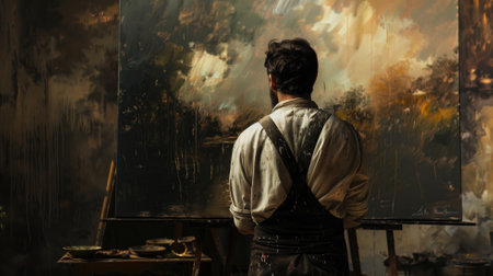 Thoughtful painter observing his abstract artwork in a dim studioの素材
