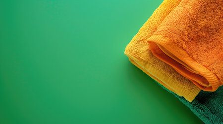 Vibrant orange and yellow towels folded on a bright green backgroundの素材