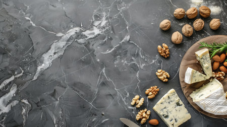 Various cheese types on a marbled gray backgroundの素材