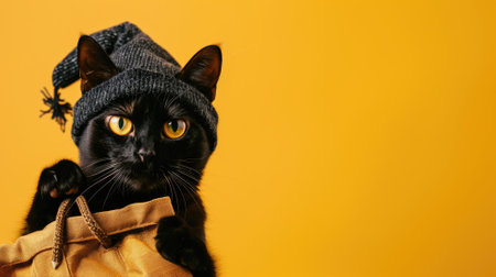 Black cat in winter hat holding a bag with yellow backgroundの素材