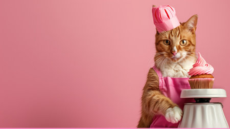 Cat in pink baker's outfit with a cupcake on a pink surfaceの素材