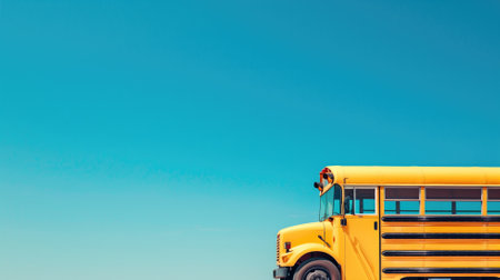 The front part of a classic yellow school bus under a bright blue skyの素材