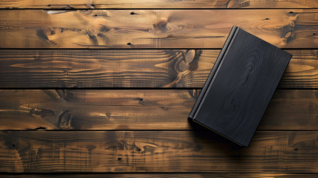 A black closed book rests on a rich wooden tabletop with distinct grain patternsの素材