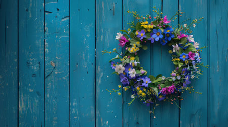 Vibrant flower wreath hanging on a rustic blue wooden doorの素材