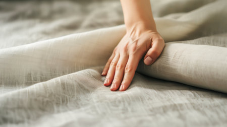 A gentle touch conveyed by a womanâs hand on smooth silk sheetsの素材