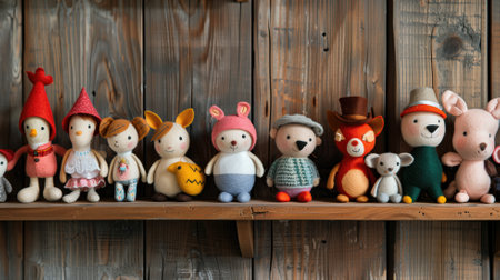 A collection of colorful, handmade dolls displayed on a wooden shelfの素材