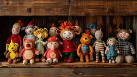 A collection of colorful, handmade cloth toys arranged on a shelfの素材