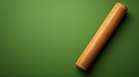 A solitary bamboo cylinder resting on a vibrant green surface with a subtle shadowの素材