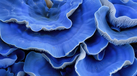 Blue mushroom corals with delicate ridges, exhibiting a surreal sea landscapeの素材