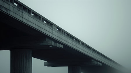A modern concrete overpass extending into the foggy atmosphereの素材