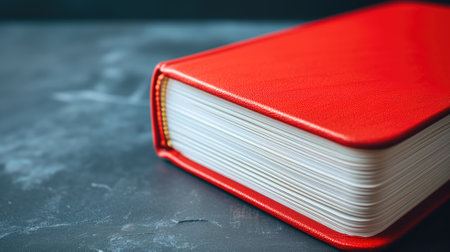 A striking red book stands out with its vibrant cover against a dark, textured backgroundの素材