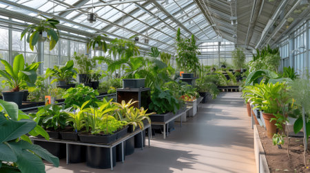 Greenhouse interior with diverse plant collection, sunnyの素材