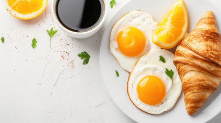 A gourmet breakfast with eggs, croissant, and coffee, depicting a perfect start to the dayの素材