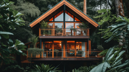 Secluded modern cabin in a lush forest at duskの素材