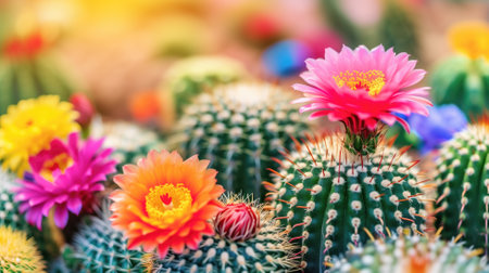 Brightly colored cactus flowers in full bloomの素材