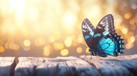 A blue and black butterfly perched on weathered wood during a golden sunsetの素材