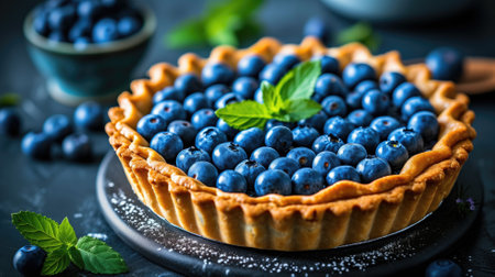 Homemade blueberry pie topped with fresh berries and a mint leaf on a dark surfaceの素材