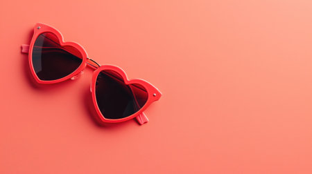 Red heart-shaped sunglasses resting on a matching red backdropの素材