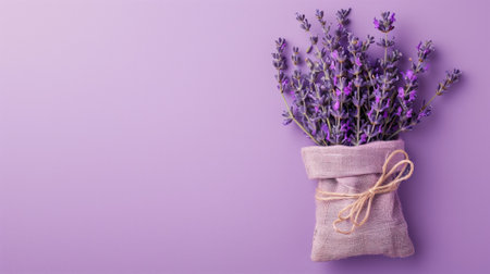 Bundle of lavender in a burlap sack against a purple backdrop, evoking calm and natureの素材