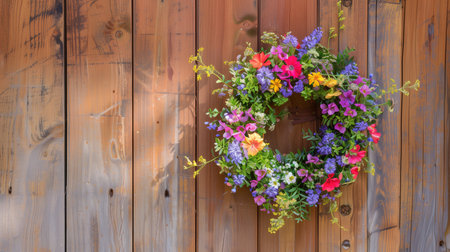 Colorful floral wreath on rustic wooden door, symbolizing home and welcomeの素材