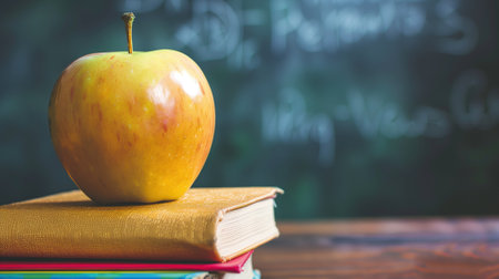 Ripe apple atop a stack of books against a blackboardの素材
