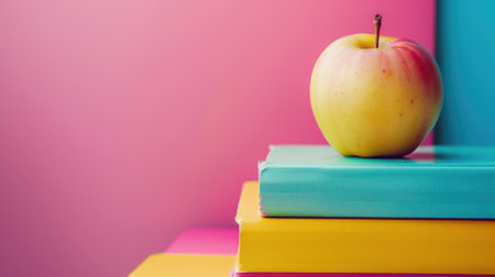 Colorful stacked books with an apple on top against a pink backgroundの素材