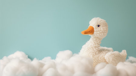 Fluffy duck toy amidst cotton clouds on turquoise backgroundの素材