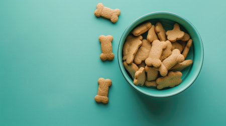 A teal bowl full of bone-shaped dog biscuits sits on a matching teal backgroundの素材