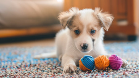An adorable puppy lies on a carpet, curiously playing with colorful yarn ballsの素材