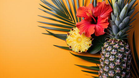 Pineapple with hibiscus flower and palm leaf against an orange backdropの素材