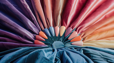 A spectrum of colorful nail polish samples on silkの素材