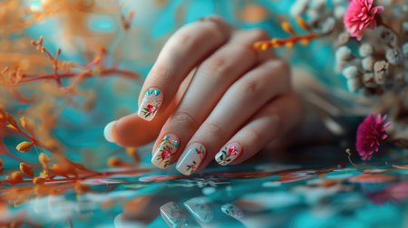 Hand with floral nail design amidst vibrant reflectionsの素材
