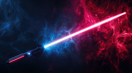 A dramatic red and blue light saber clash amidst a swirling haze of smokeの素材