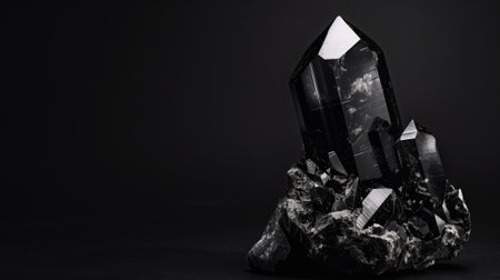 A stunning black crystal formation against a dark backdrop showcases nature's geometric beautyの素材