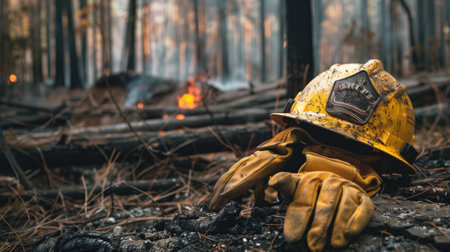 Firefighter helmet and gloves on the burnt forest floorの素材