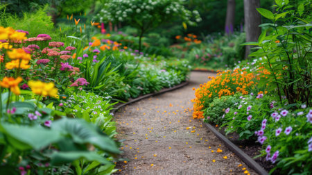 A serene garden path flanked by colorful flowers and lush foliage, inviting a tranquil walkの素材