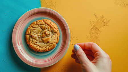 Colorful background with hand grabbing cookie on plateの素材