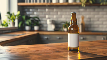 An unlabeled beer bottle stands on a wooden kitchen counter, with a blurred backgroundの素材