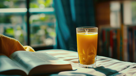 Sunny reading nook with a glass of orange juice and an open bookの素材